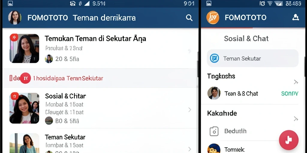 Tampilan antarmuka FOMOTOTO dengan fitur Teman Sekitar yang menarik.