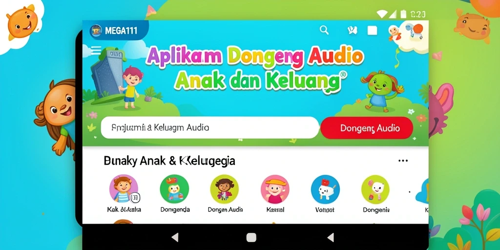 Antarmuka MEGA111 menampilkan koleksi dongeng audio yang menarik dan ramah anak.