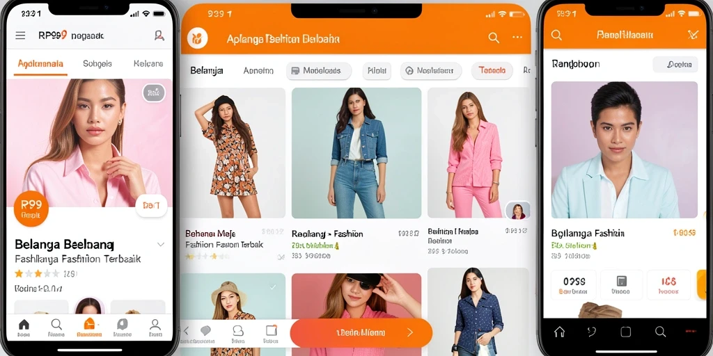 Tampilan utama aplikasi RP99 dengan berbagai pilihan fashion.